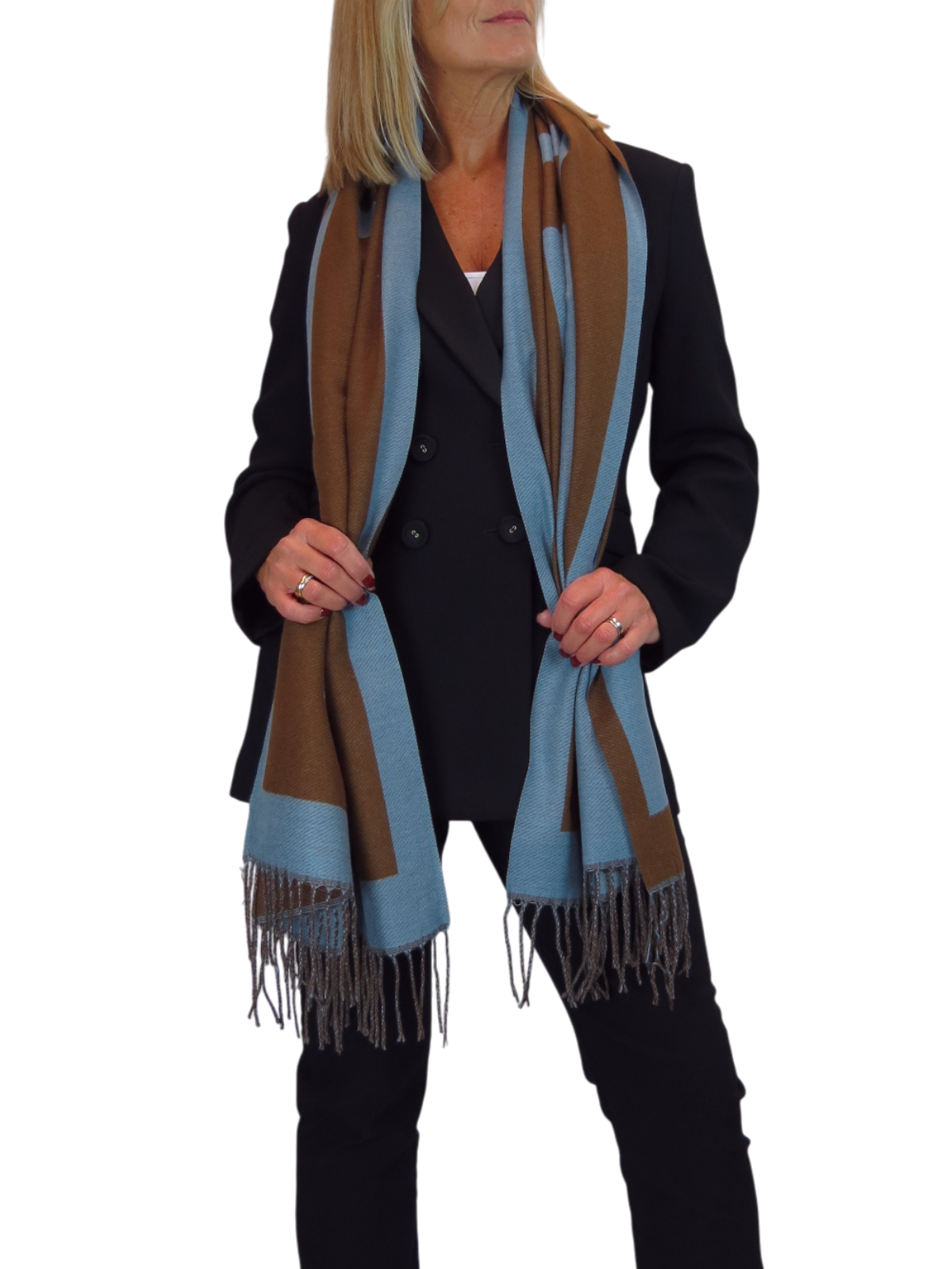 Wool Blend Geometric Design Scarf Brown/Blue