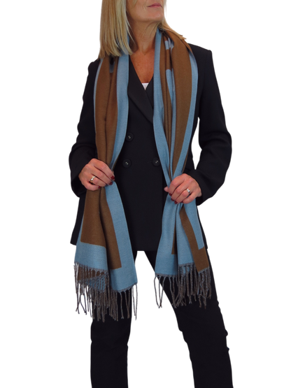 Wool Blend Geometric Design Scarf Brown/Blue