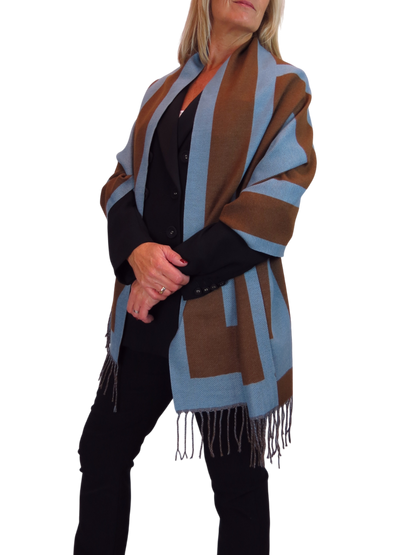 Wool Blend Geometric Design Scarf Brown/Blue
