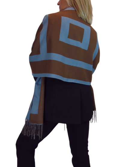 Wool Blend Geometric Design Scarf Brown/Blue