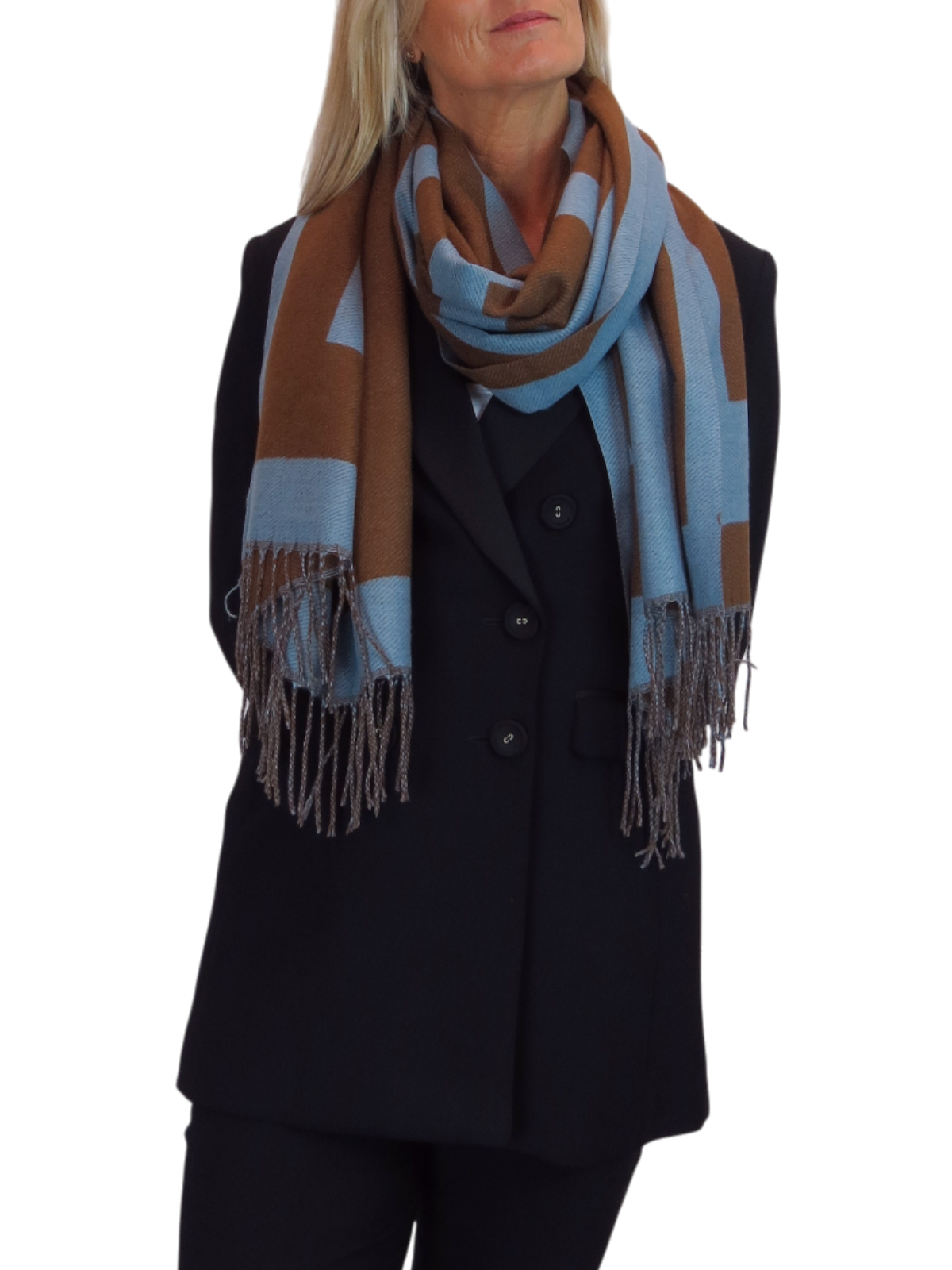 Wool Blend Geometric Design Scarf Brown/Blue