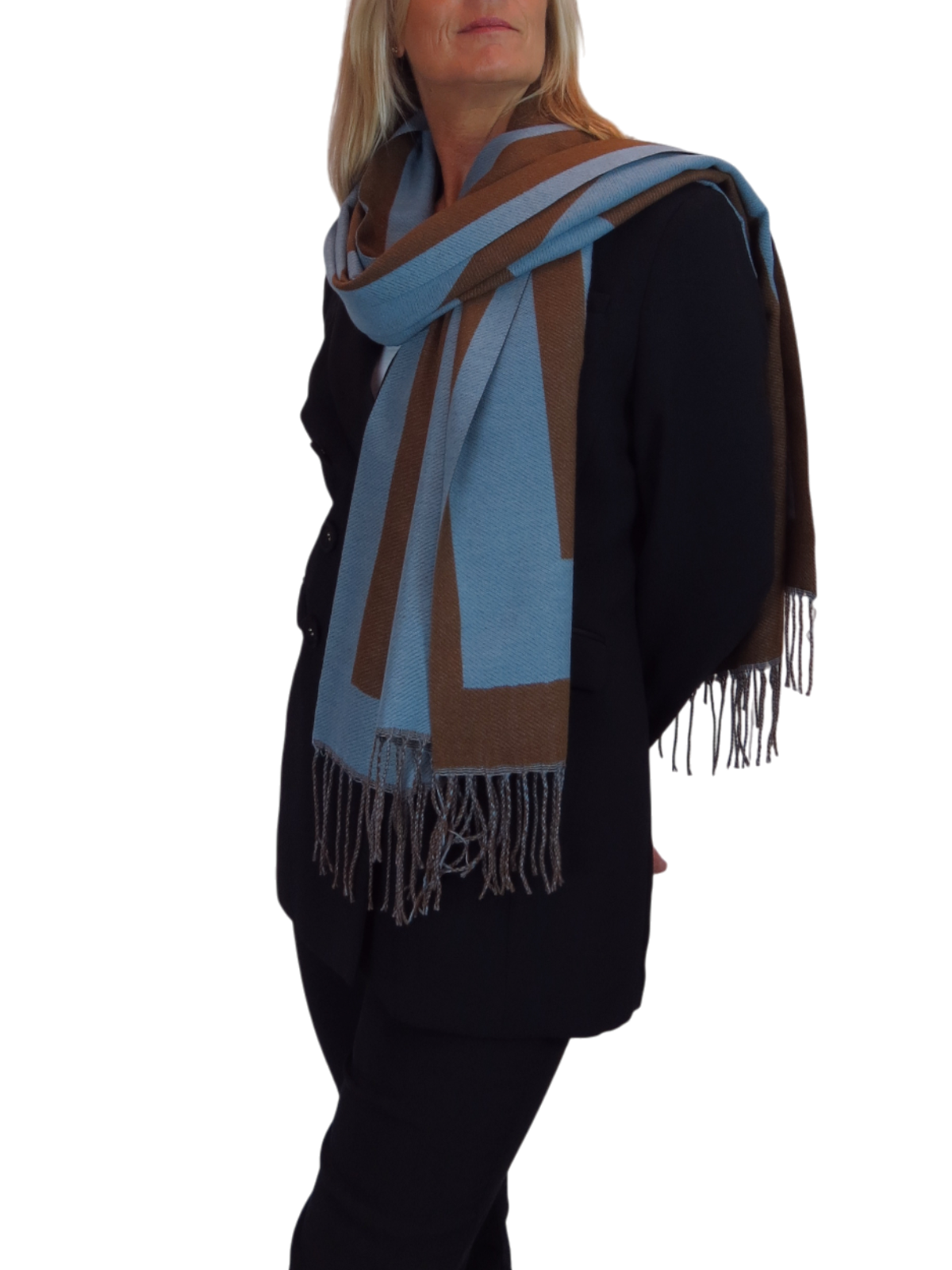 Wool Blend Geometric Design Scarf Brown/Blue