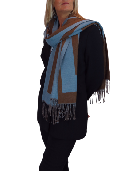 Wool Blend Geometric Design Scarf Brown/Blue