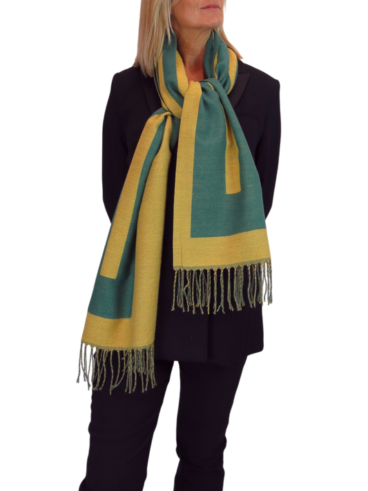 Wool Blend Geometric Design Scarf Mustard/Green