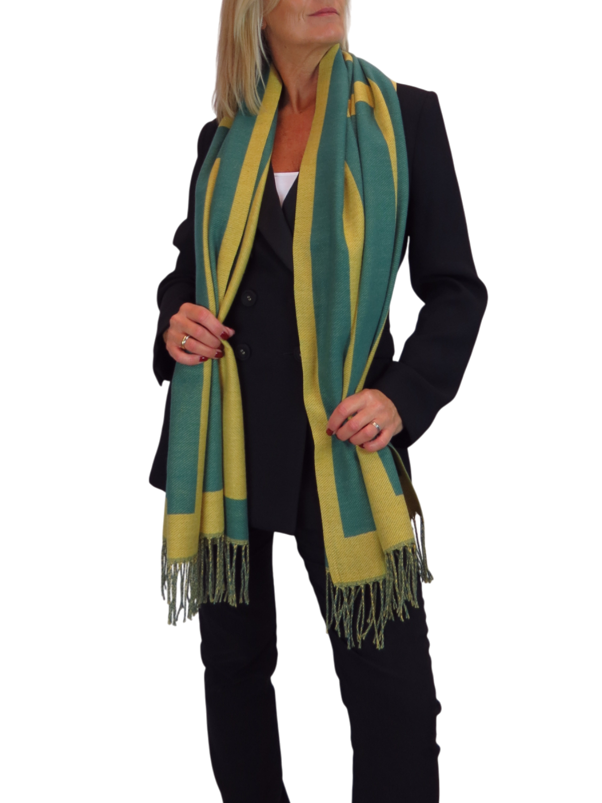 Wool Blend Geometric Design Scarf Mustard/Green
