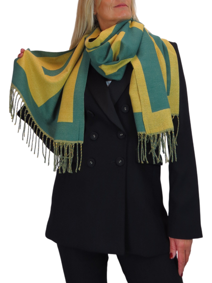 Wool Blend Geometric Design Scarf Mustard/Green