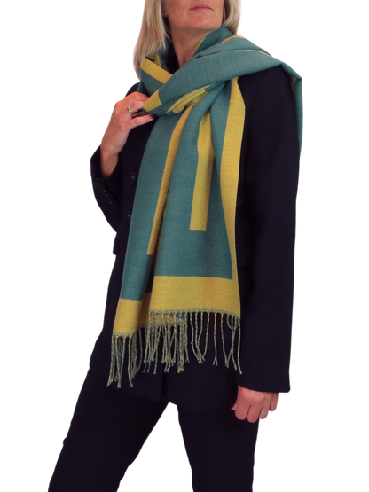 Wool Blend Geometric Design Scarf Mustard/Green