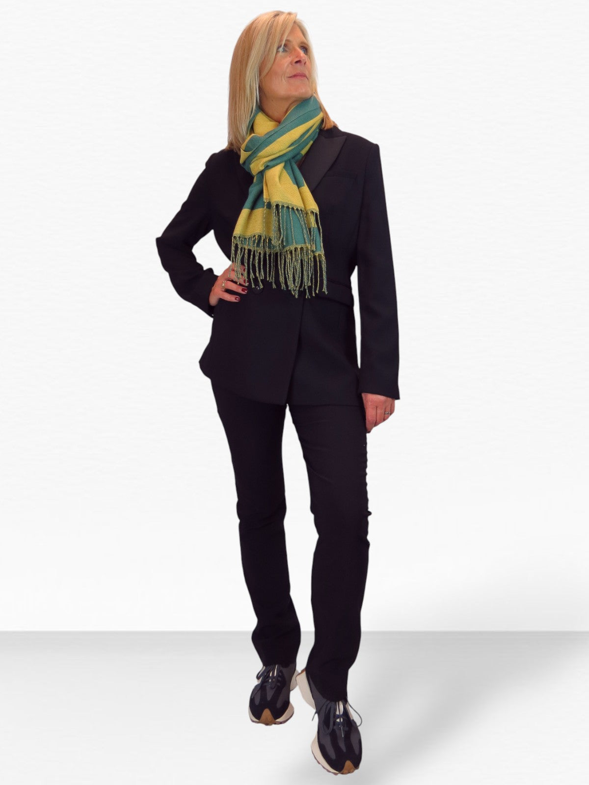 Wool Blend Geometric Design Scarf Mustard/Green