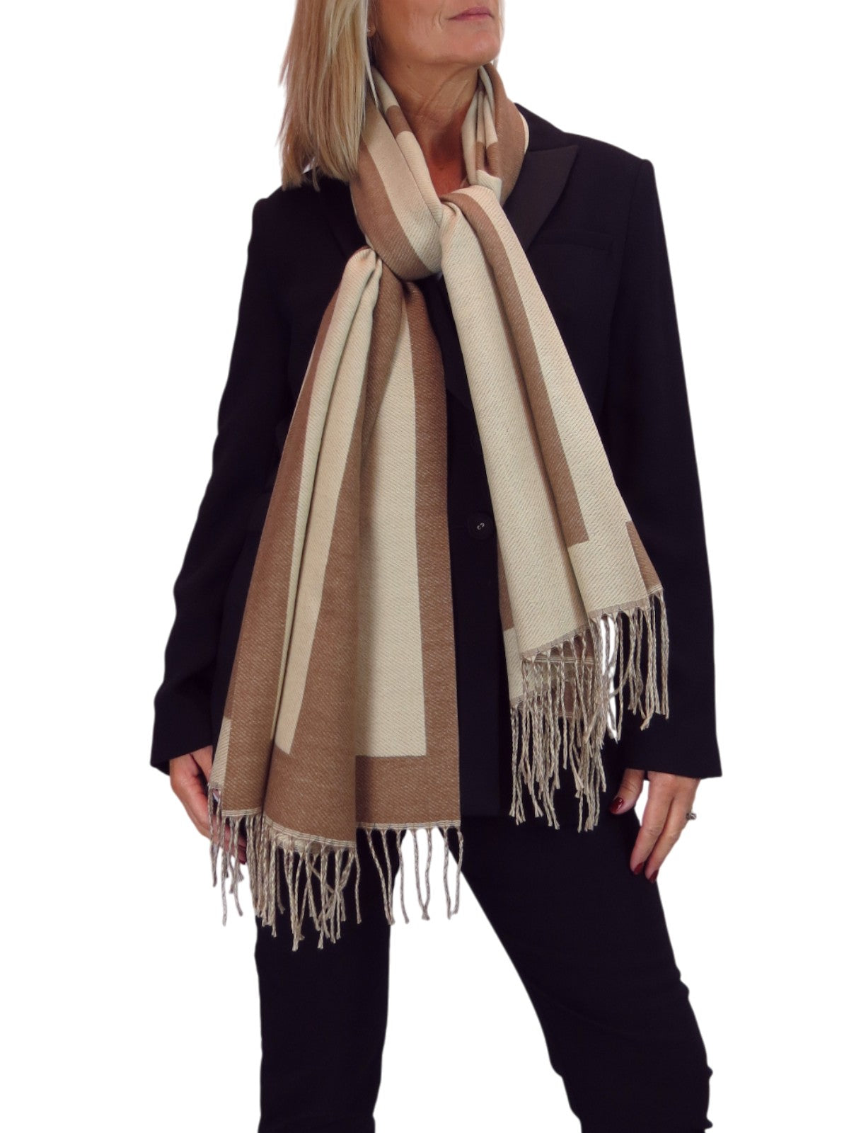 Wool Blend Geometric Design Scarf Beige/Brown