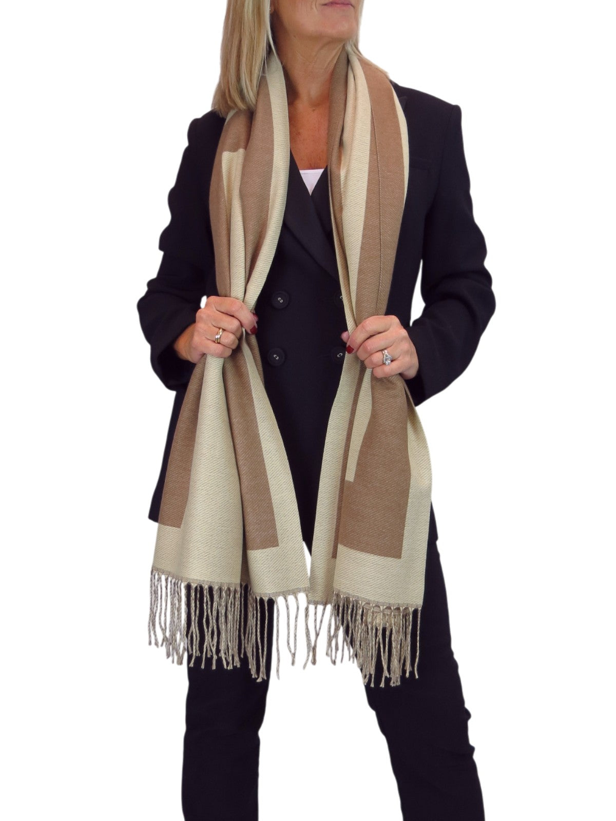 Wool Blend Geometric Design Scarf Beige/Brown