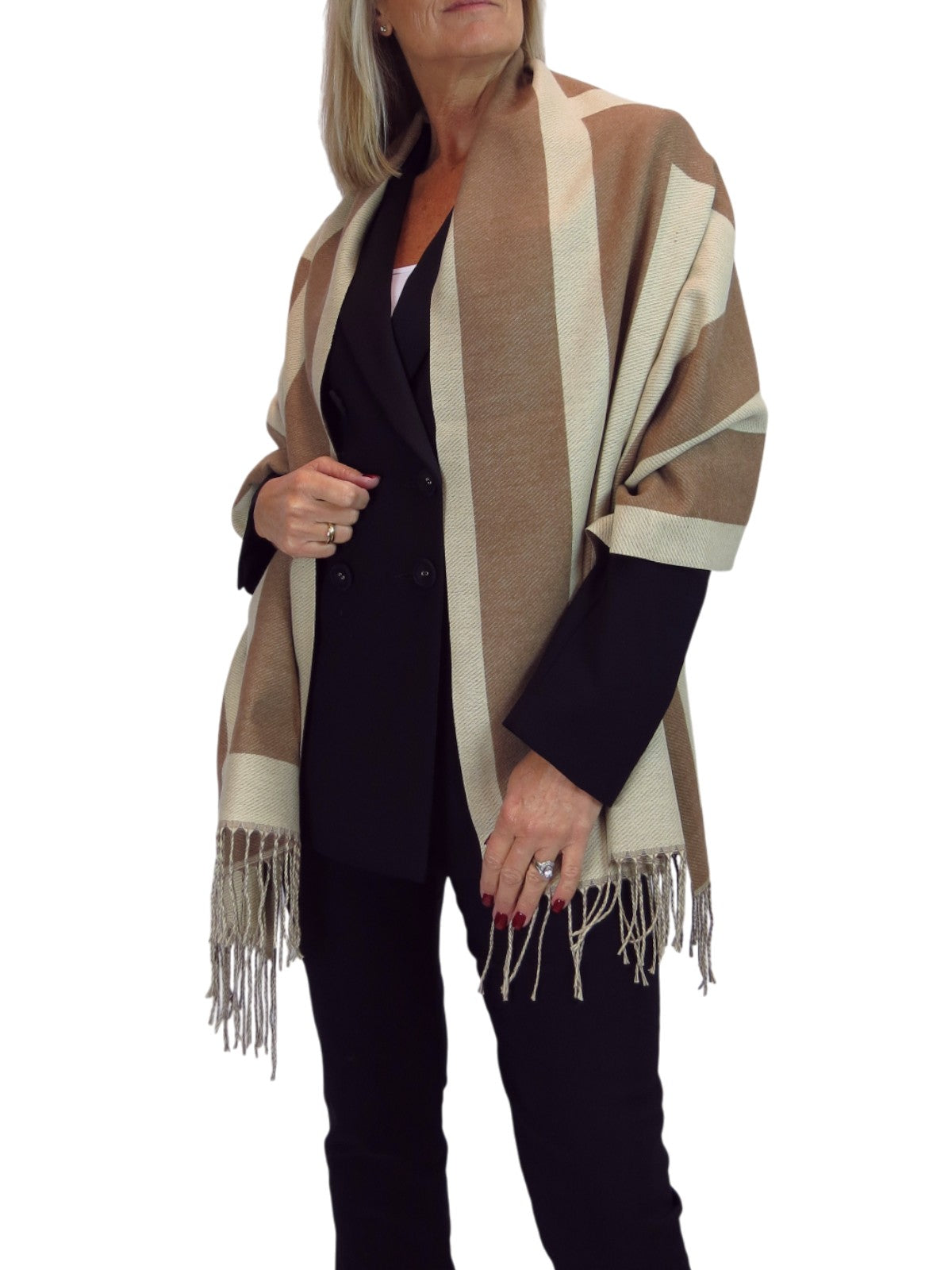 Wool Blend Geometric Design Scarf Beige/Brown