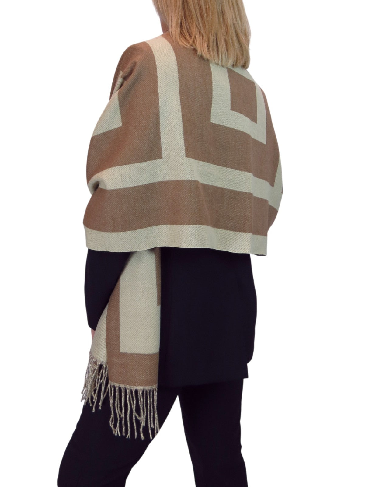 Wool Blend Geometric Design Scarf Beige/Brown