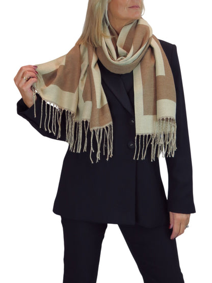 Wool Blend Geometric Design Scarf Beige/Brown