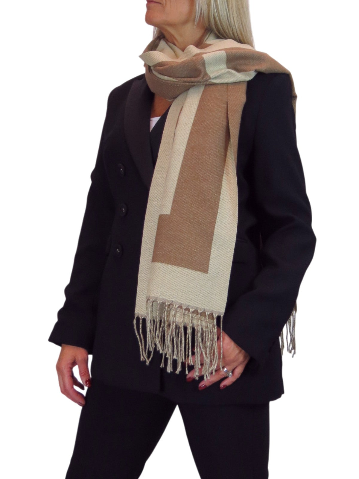 Wool Blend Geometric Design Scarf Beige/Brown