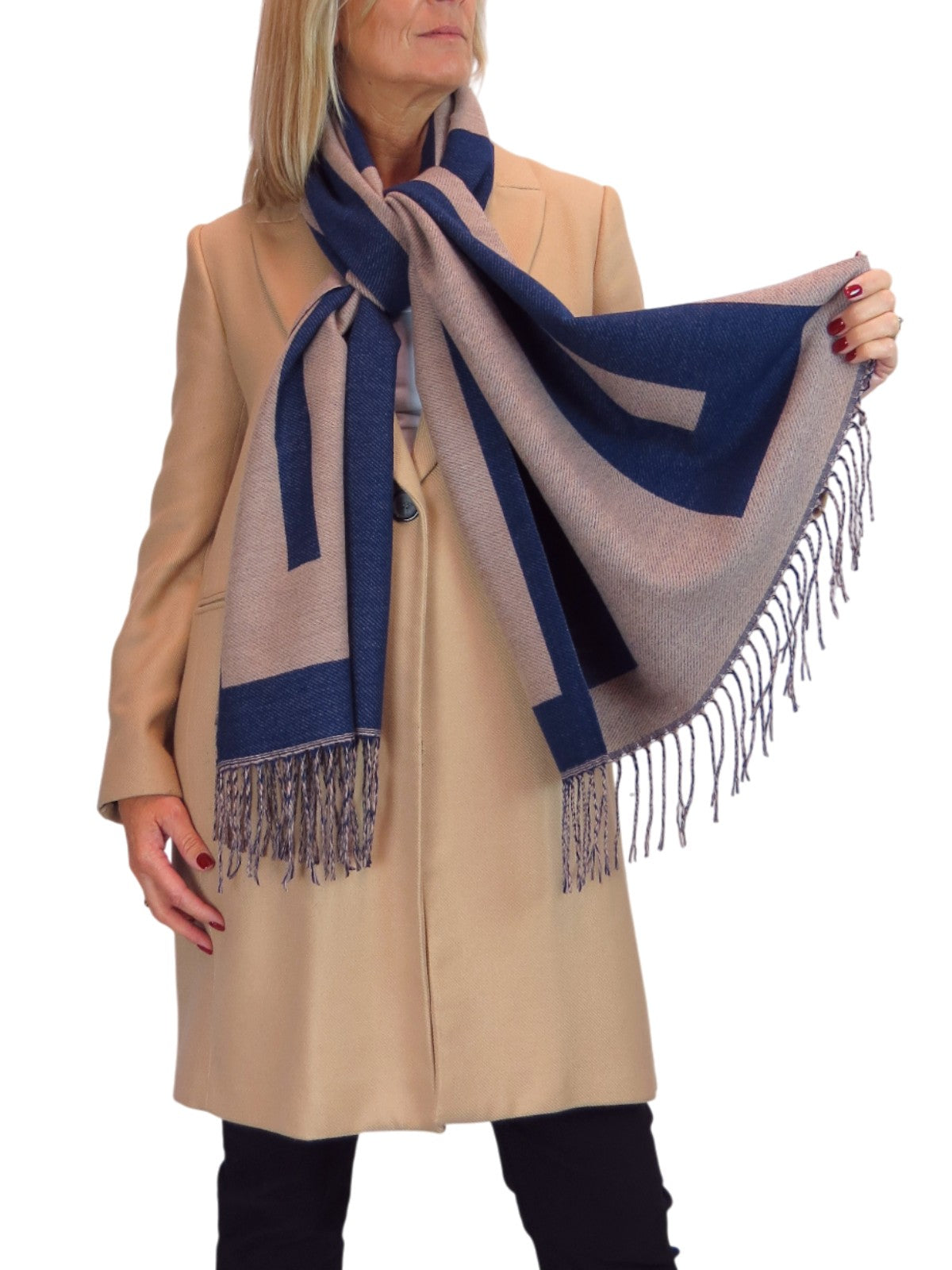 Wool Blend Geometric Design Scarf Navy Blue/Tan