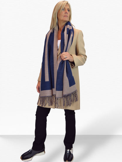 Wool Blend Geometric Design Scarf Navy Blue/Tan