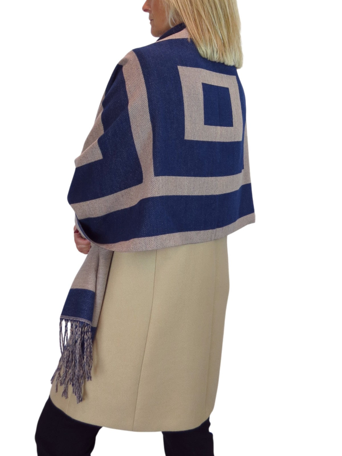 Wool Blend Geometric Design Scarf Navy Blue/Tan