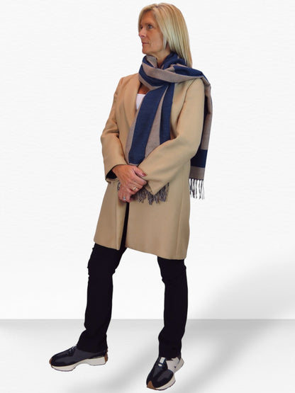 Wool Blend Geometric Design Scarf Navy Blue/Tan