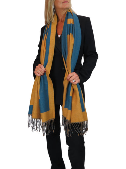 Wool Blend Geometric Design Scarf Teal/Tangerine