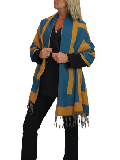 Wool Blend Geometric Design Scarf Teal/Tangerine