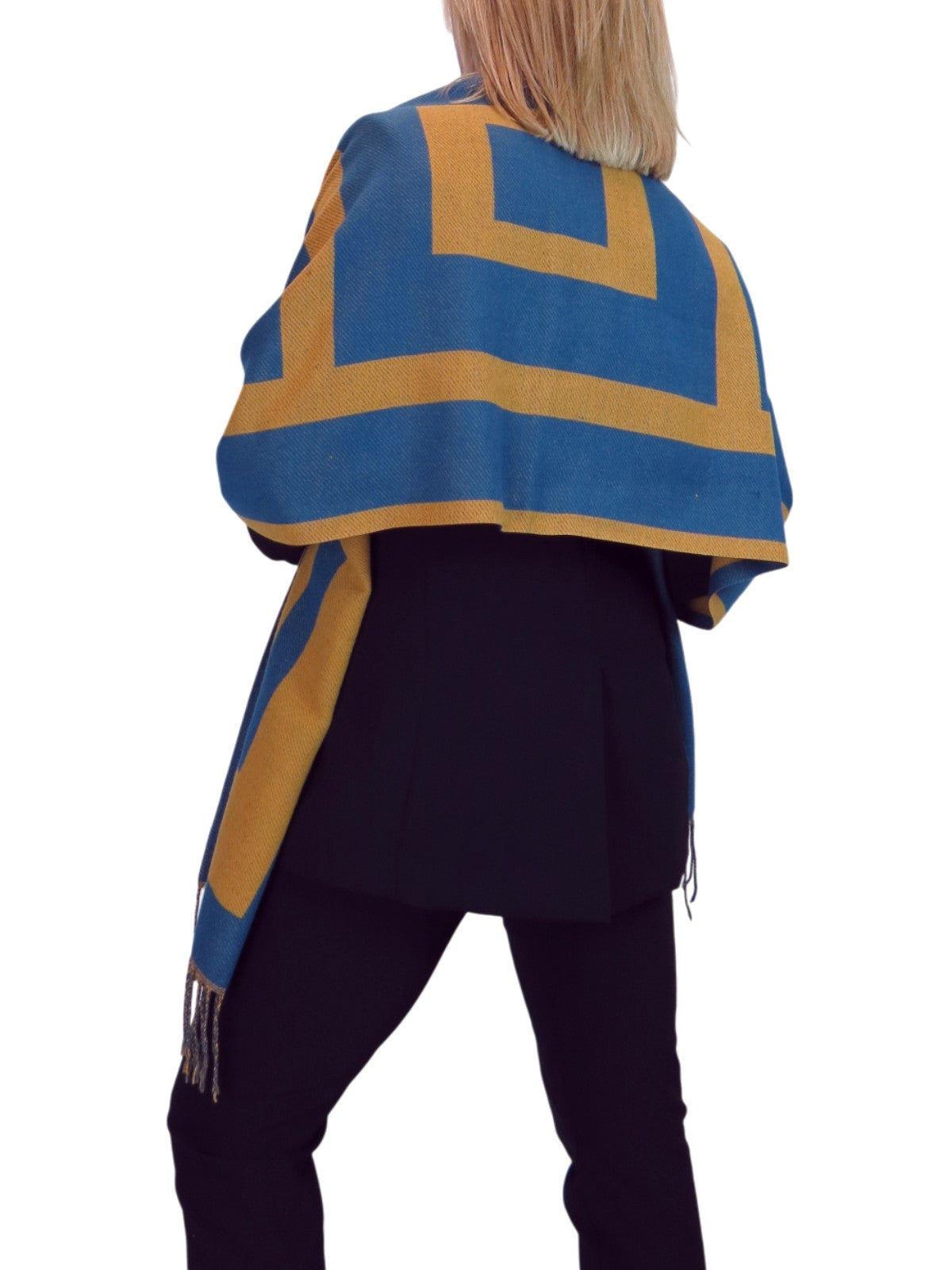 Wool Blend Geometric Design Scarf Teal/Tangerine