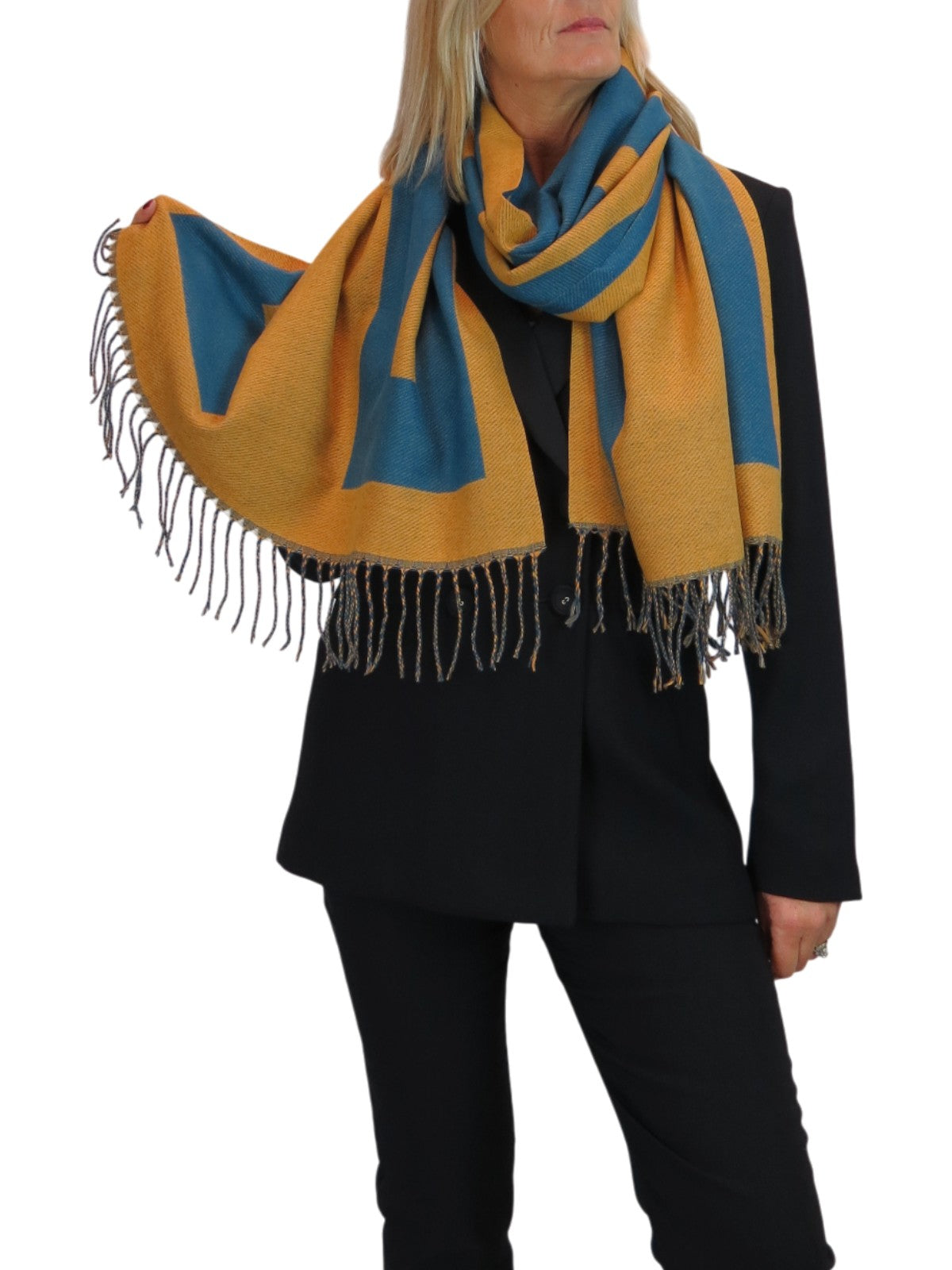 Wool Blend Geometric Design Scarf Teal/Tangerine