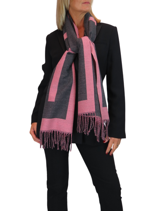 Wool Blend Geometric Design Scarf Charcoal/Pink
