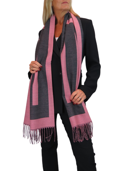 Wool Blend Geometric Design Scarf Charcoal/Pink