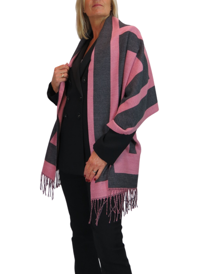 Wool Blend Geometric Design Scarf Charcoal/Pink