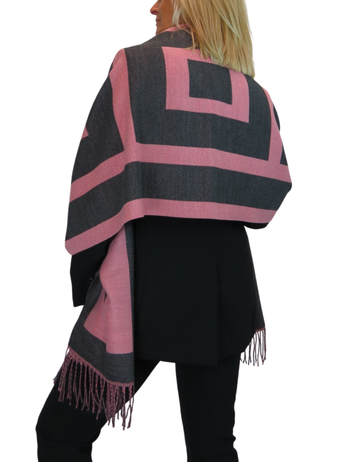 Wool Blend Geometric Design Scarf Charcoal/Pink