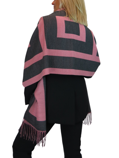 Wool Blend Geometric Design Scarf Charcoal/Pink