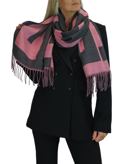 Wool Blend Geometric Design Scarf Charcoal/Pink