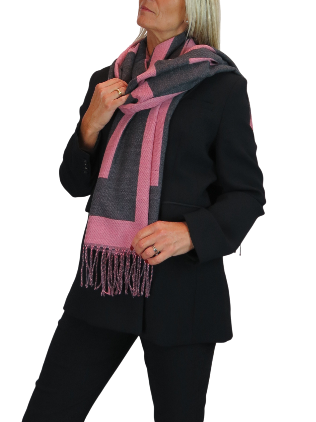 Wool Blend Geometric Design Scarf Charcoal/Pink