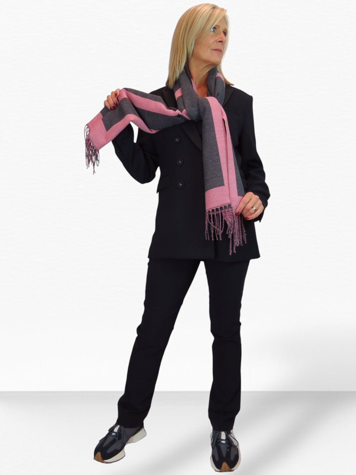 Wool Blend Geometric Design Scarf Charcoal/Pink