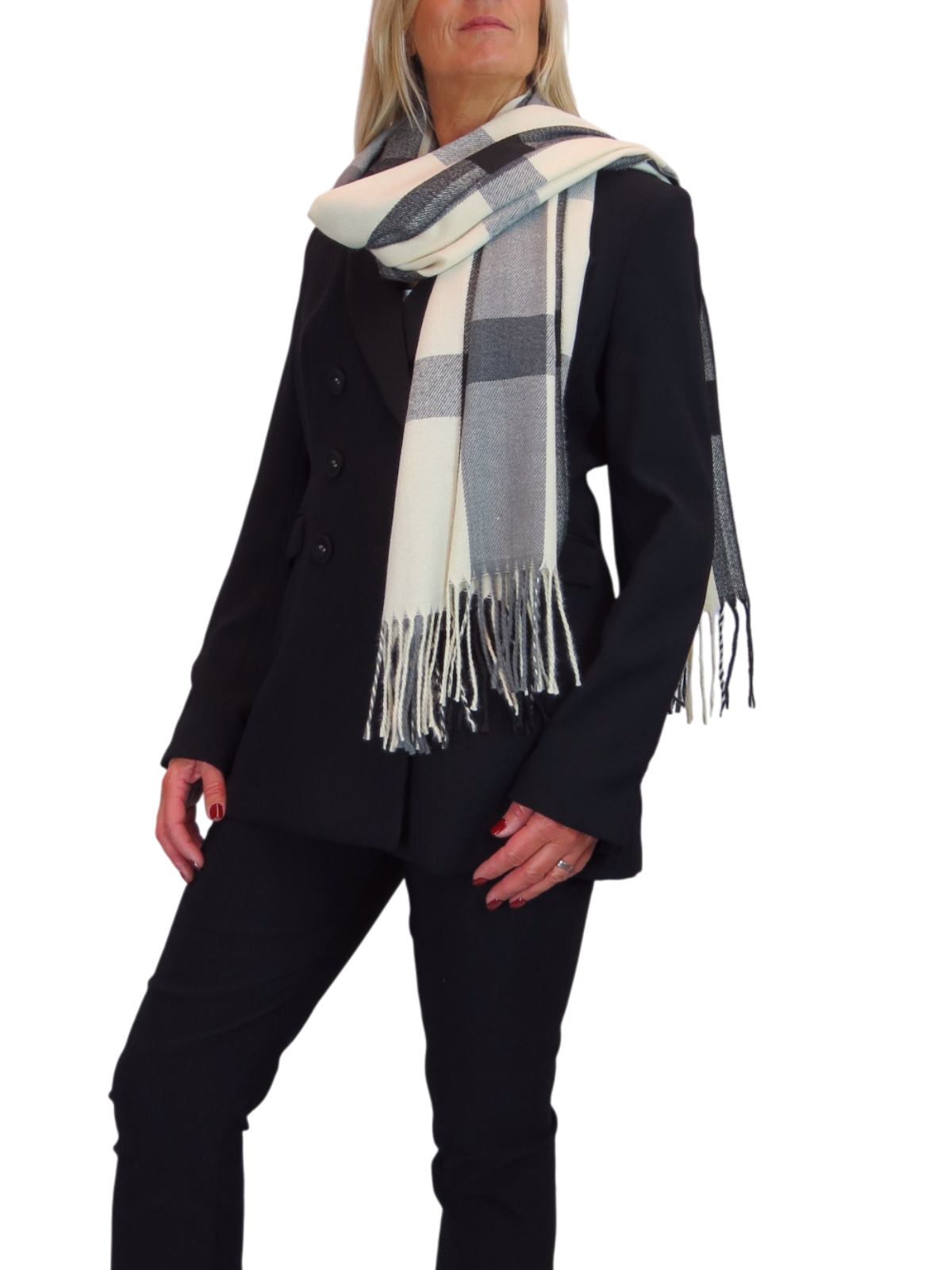 Wool Blend Large Plaid Design Wrap Scarf Black/Cream