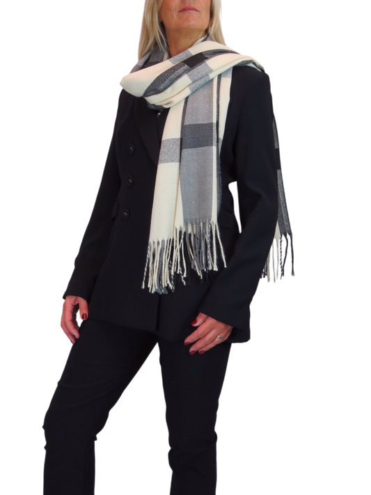 Wool Blend Large Plaid Design Wrap Scarf Black/Cream