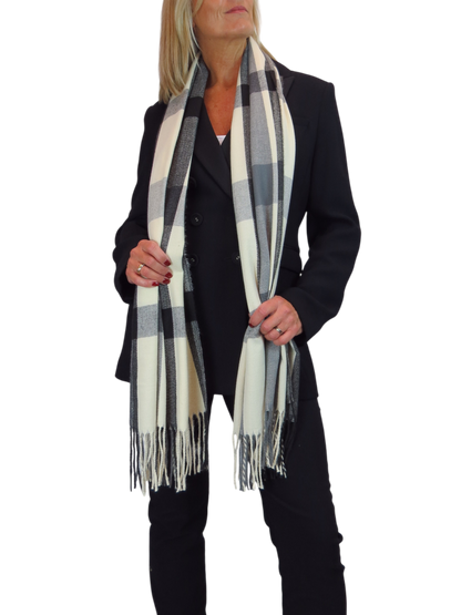 Wool Blend Large Plaid Design Wrap Scarf Black/Cream