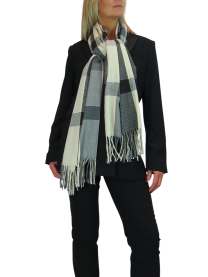 Wool Blend Large Plaid Design Wrap Scarf Black/Cream