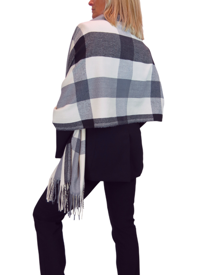 Wool Blend Large Plaid Design Wrap Scarf Black/Cream