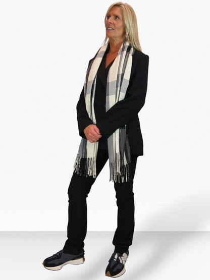 Wool Blend Large Plaid Design Wrap Scarf Black/Cream