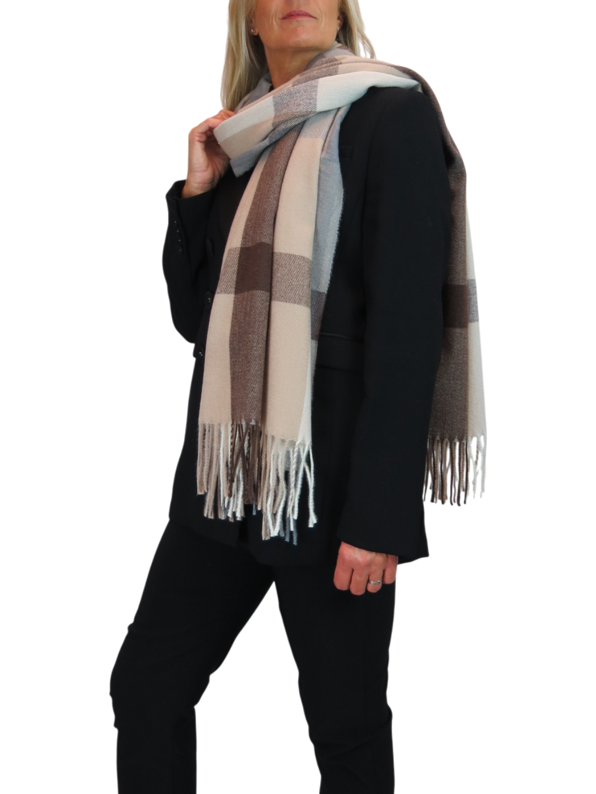 Wool Blend Large Plaid Design Wrap Scarf Brown/Beige