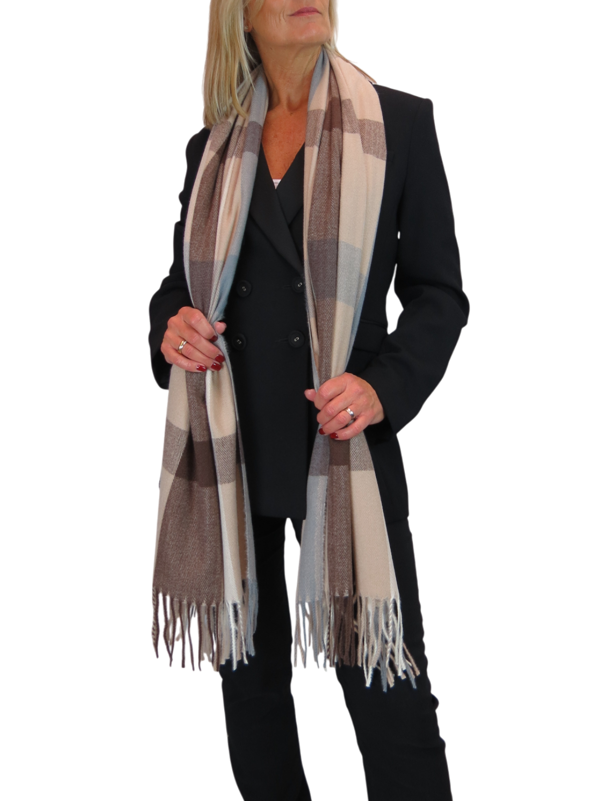 Wool Blend Large Plaid Design Wrap Scarf Brown/Beige