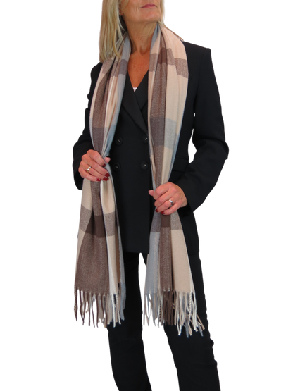 Wool Blend Large Plaid Design Wrap Scarf Brown/Beige