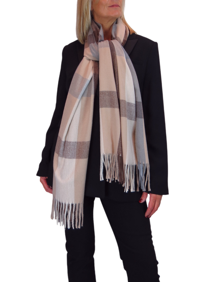 Wool Blend Large Plaid Design Wrap Scarf Brown/Beige