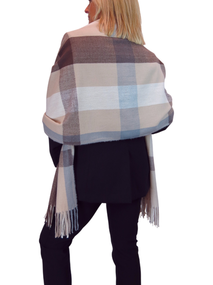 Wool Blend Large Plaid Design Wrap Scarf Brown/Beige