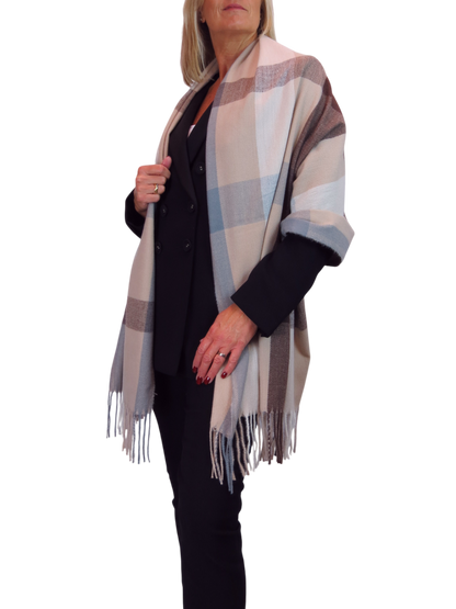 Wool Blend Large Plaid Design Wrap Scarf Brown/Beige