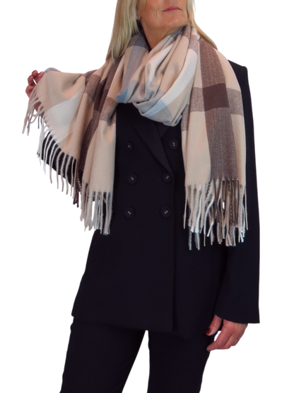 Wool Blend Large Plaid Design Wrap Scarf Brown/Beige