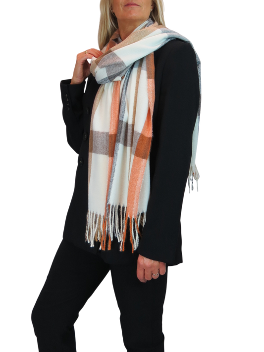 Wool Blend Large Plaid Design Wrap Scarf Grey/Orange