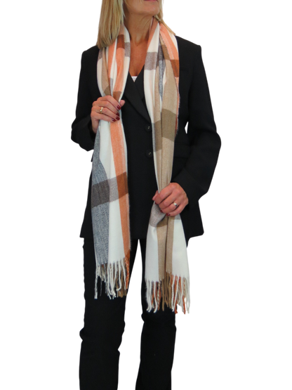 Wool Blend Large Plaid Design Wrap Scarf Grey/Orange