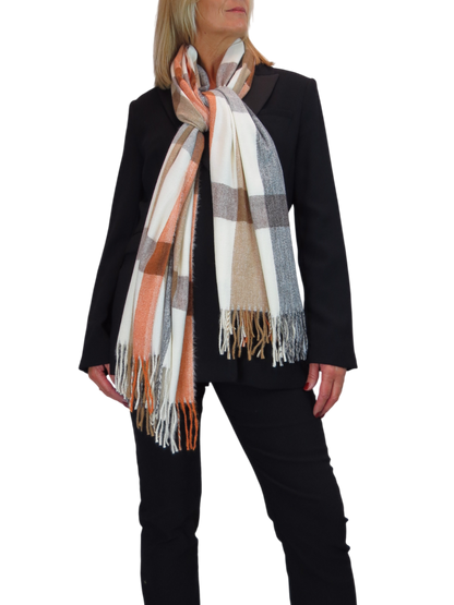 Wool Blend Large Plaid Design Wrap Scarf Grey/Orange